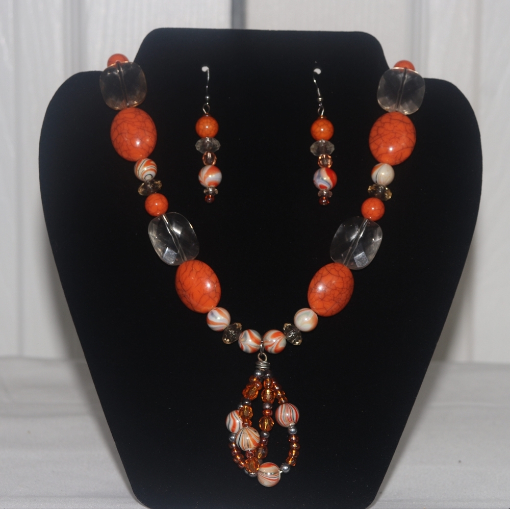 Elegant Orange Beaded Necklace and Earring Set